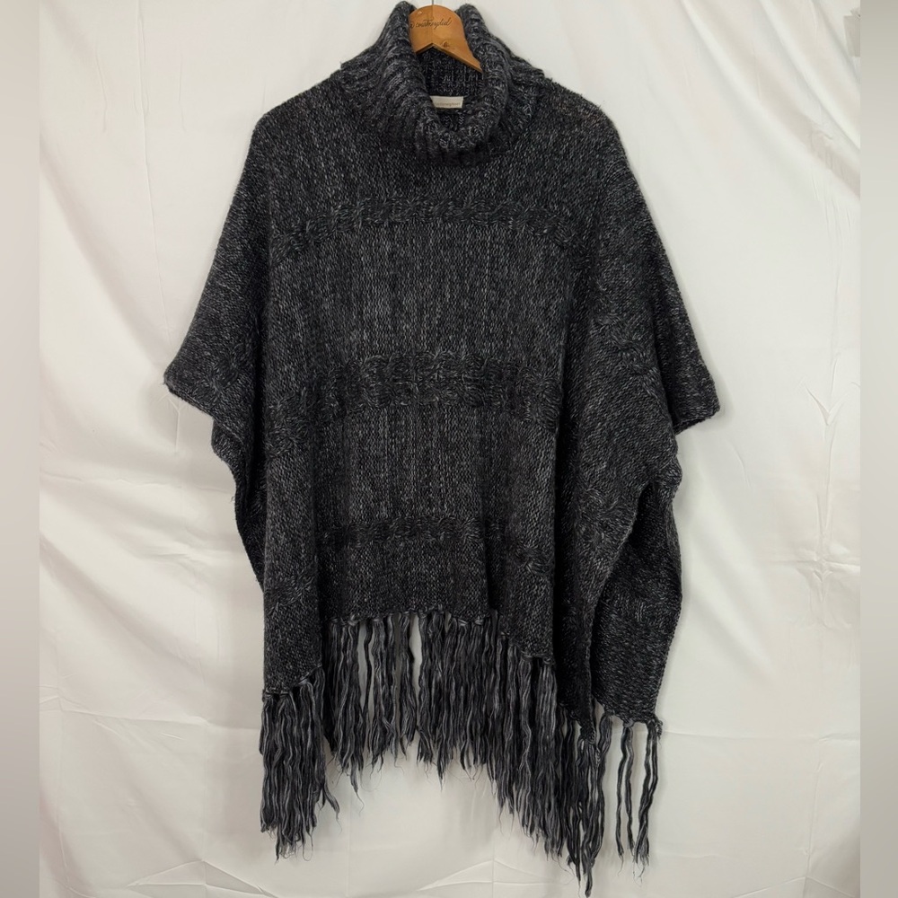 CollectionEighteen Charcoal Cowl Neck Fringed Cable Knit One Size Poncho